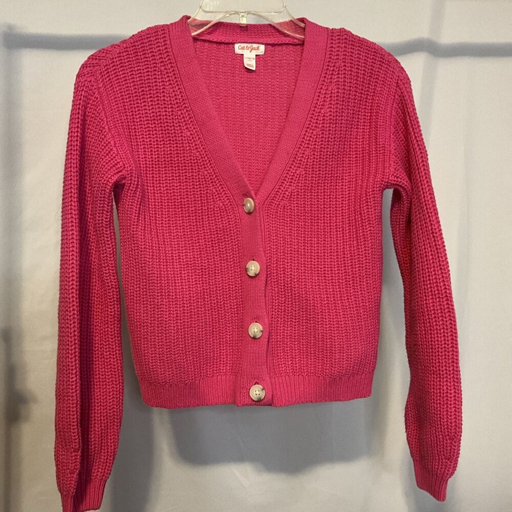Cat and Jack Girls Cardigan Large Pink Button Long Sleeves Sweater